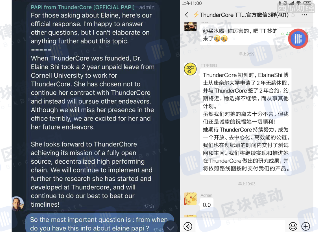 ThunderCore 首席科学家 Elaine 离开团队，投资者质疑团队隐瞒消息砸盘