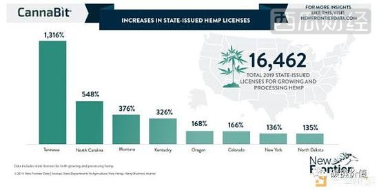 不再受控后，截至2019年8月，美国各州的Hemp种植和加工牌照申请量 | 来源：New Frontier