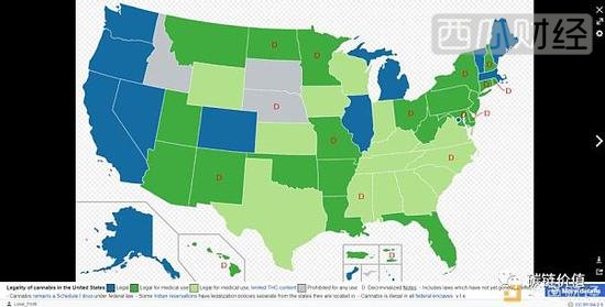  美国各州大麻（医疗/娱乐）合法‘/非法的状态总览 | 来源：Wikipedia