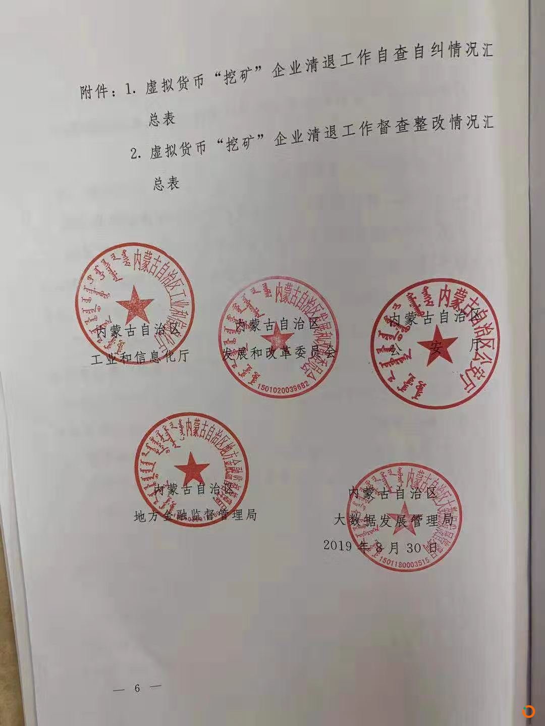 疑似内蒙古五部委政府文件传出，发出清理整顿虚拟货币挖矿的通知