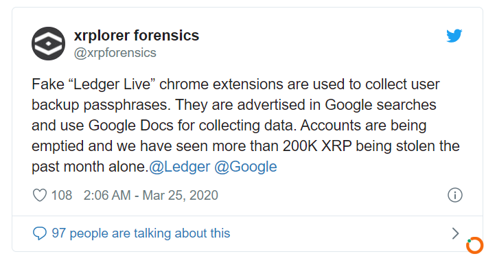 谷歌扩展程序冒用Ledger官方身份，140万XRP已被盗