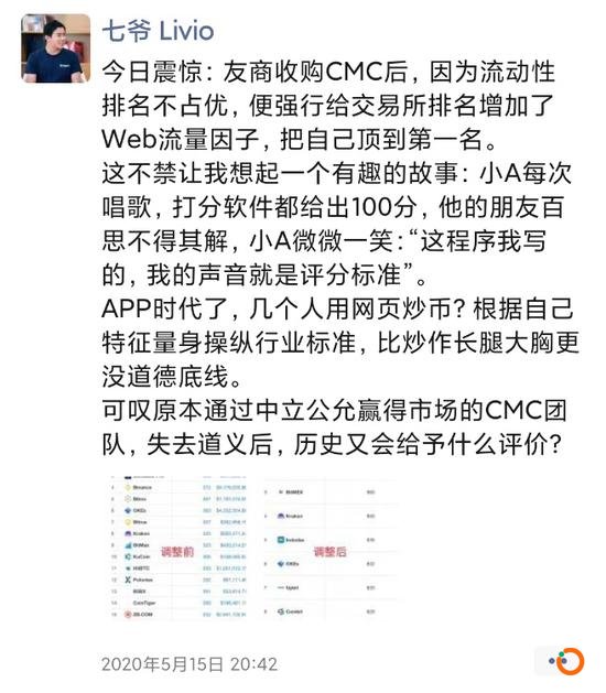  七爷在朋友圈对排名提出质疑。图片来源：七爷微信