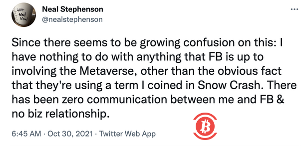 《雪崩》作者：和Facebook涉及元宇宙的任何事情都无关