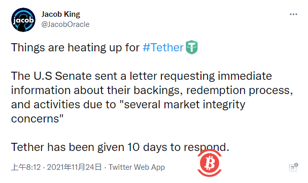 Tether“稳定币”流通规模引发监管机构高度关注 美国会提出六大质问